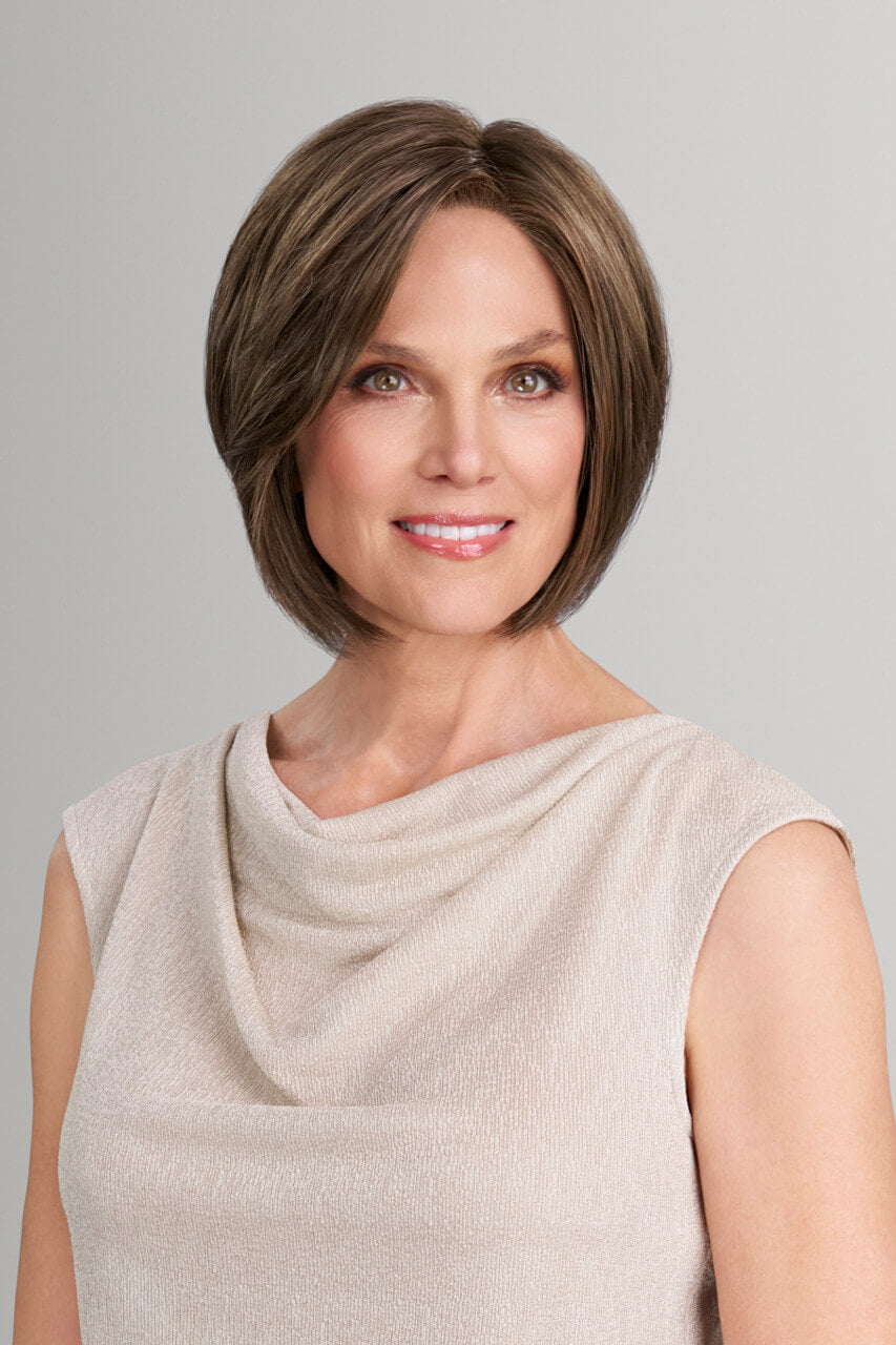 Ava wig by Jon Renau has a light, natural look with an ear-to-ear lace front. Colour Mousse Cake.