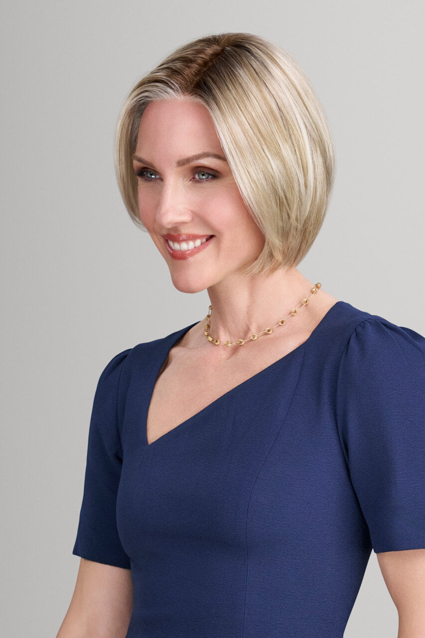 Side view of Ava wig by Jon Renau SmartLace with a mono top and lace front. Colour Venice Blonde.