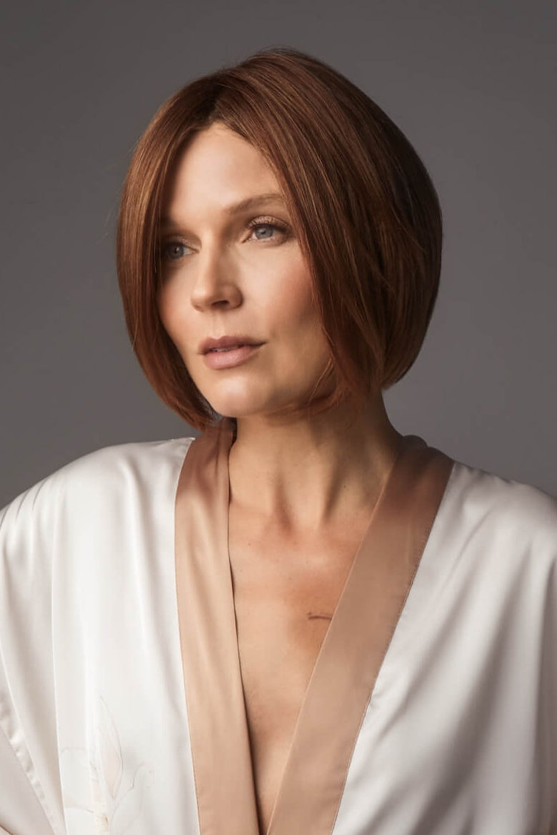 Ayumi wig by Noriko a chin-length straight bob in Venetian-R with natural lace front.