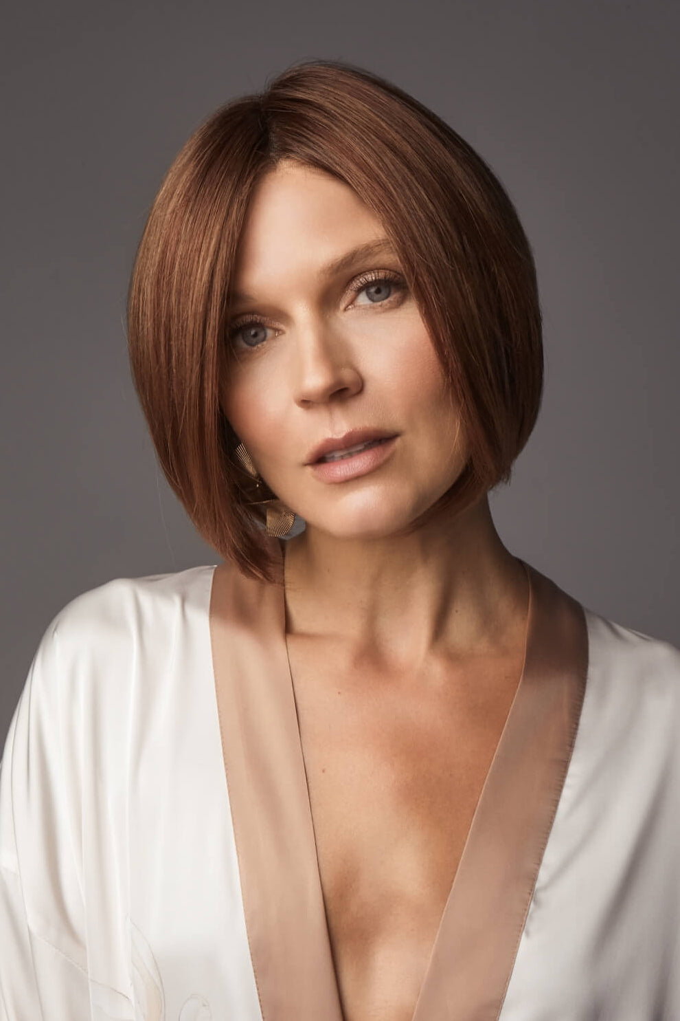 Ayumi wig by Noriko, chin-length straight bob in Venetian-R with natural lace front.