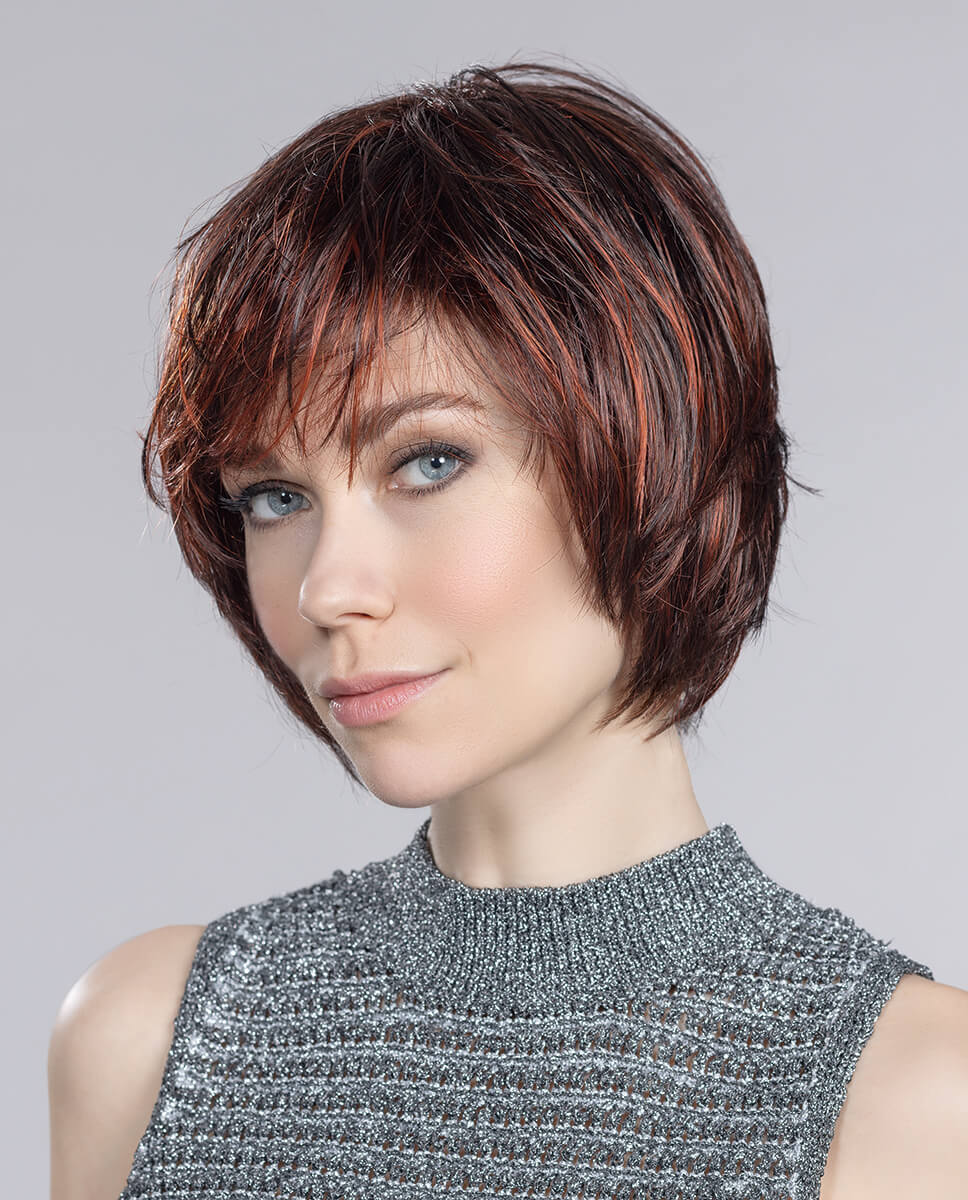 Beam wig by Ellen Wille in Flame Mix, a short layered bob with a chic fringe and monofilament crown for natural volume.