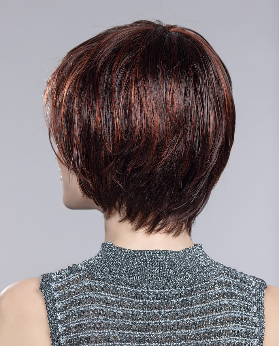 Back view of Beam wig by Ellen Wille in Flame Mix, a short layered bob with a chic fringe and monofilament crown for natural volume.