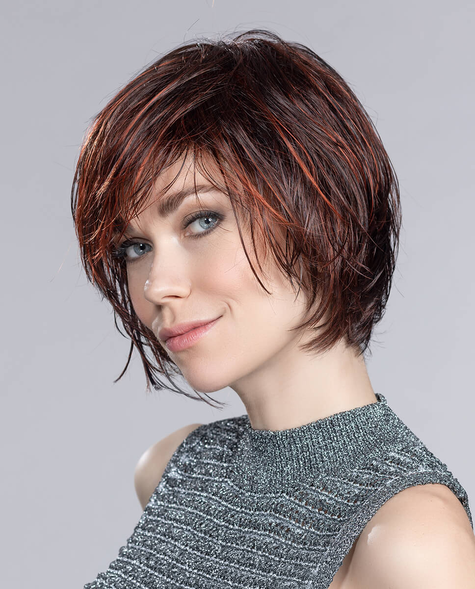 Side view of Beam wig by Ellen Wille in Flame Mix, a short layered bob with a chic fringe and mono crown for natural volume.