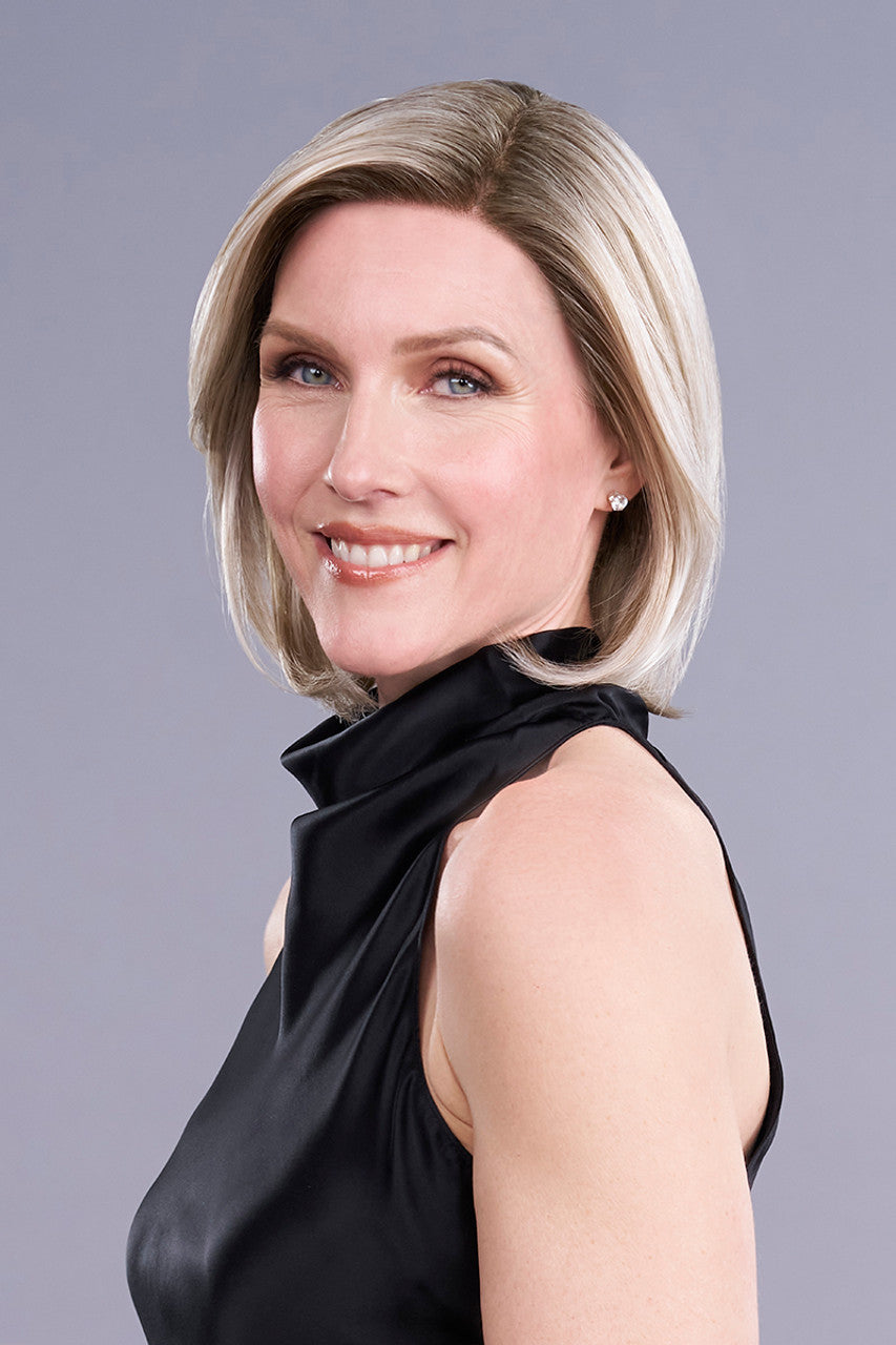 Side view Cameron Lite wig in Palm Springs Blonde a chin-length bob with a sleek side part and lace front.