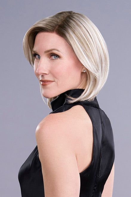 Side image of Cameron Lite wig in Palm Springs Blonde a chin-length bob with a sleek side part and lace front.