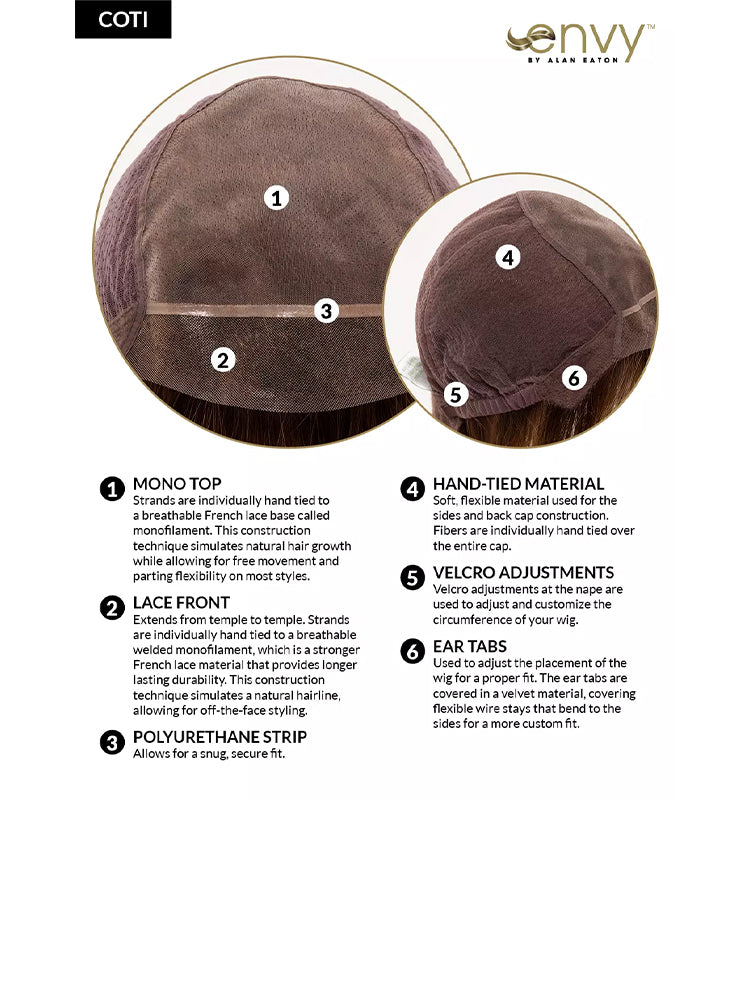 Coti wig cap - Hand-tied with a monofilament top and lace front for a natural hairline finish.