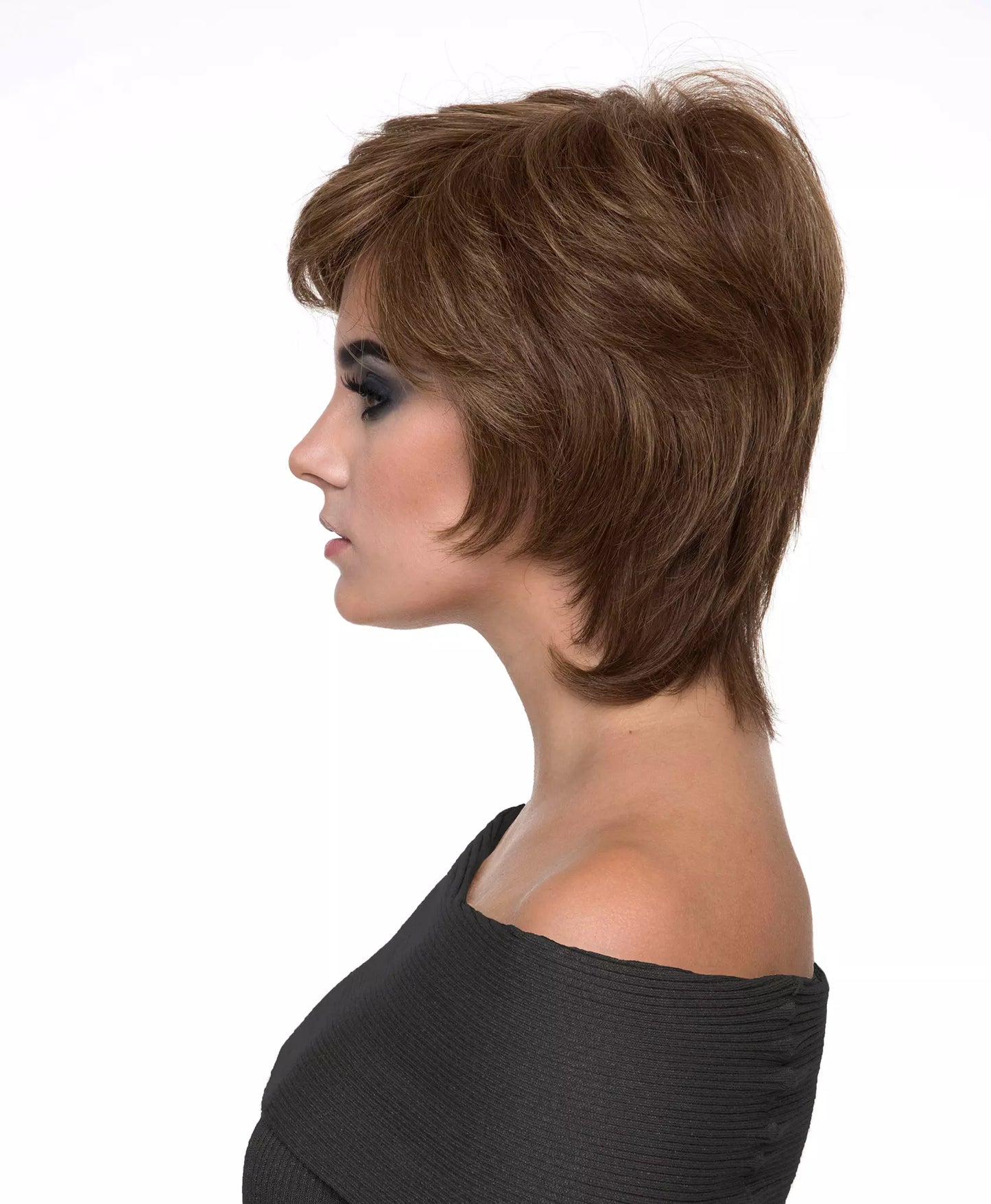 Side view of Coti wig by Envy – made with 30% human hair and 70% heat friendly synthetic fibre, featuring a mono top and hand-tied cap.