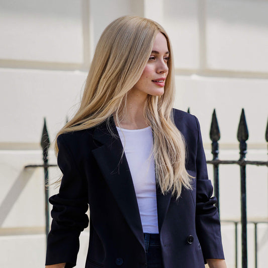 Front view of Diamond human hair wig by Gem in Champagne-R, long-length Remy hair, lace front and mono top.