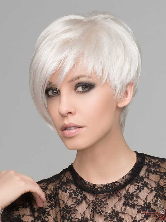 Front view of the Disc Mono Part wig by Ellen Wille Hairpower Collection, a short asymmetrical cut shown in Platinum Blonde Mix.
