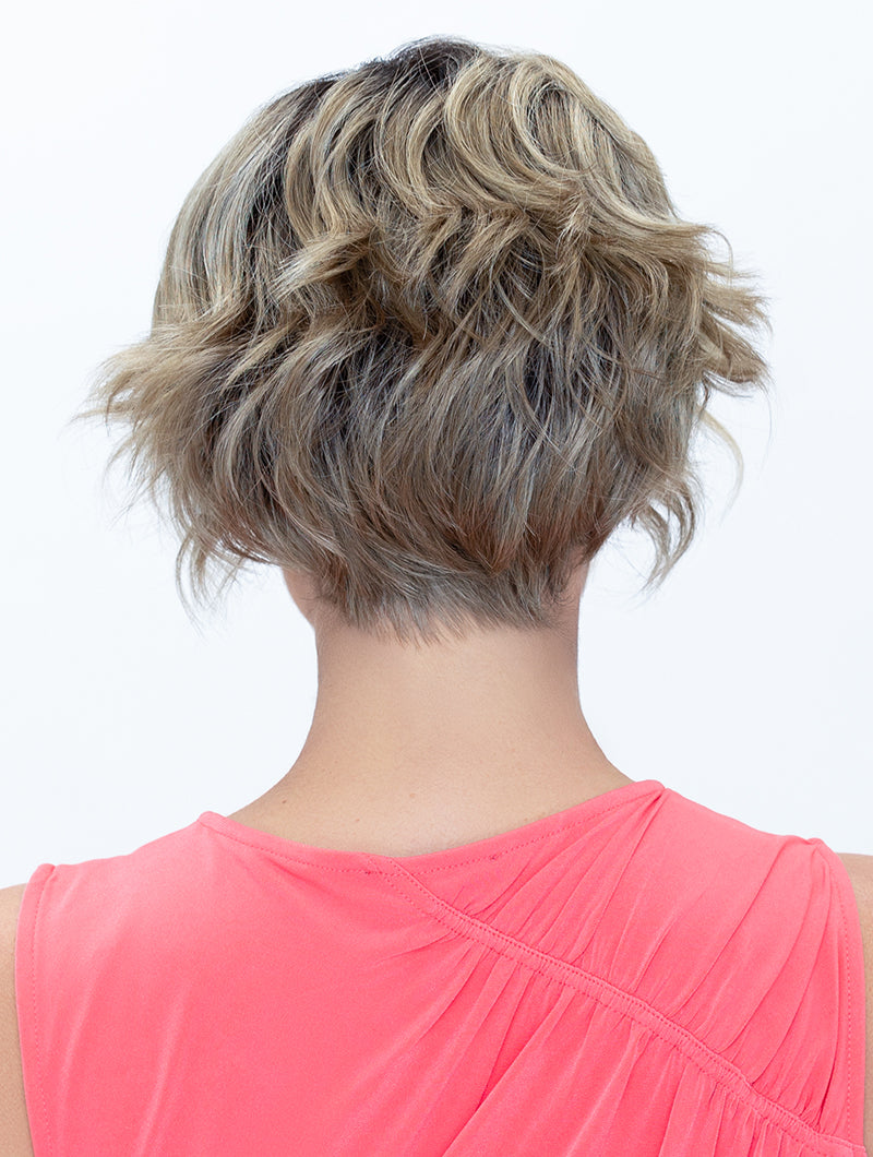 Back view Donna wig by Envy soft waves with a lace front, mono top in colour Golden Sandstone