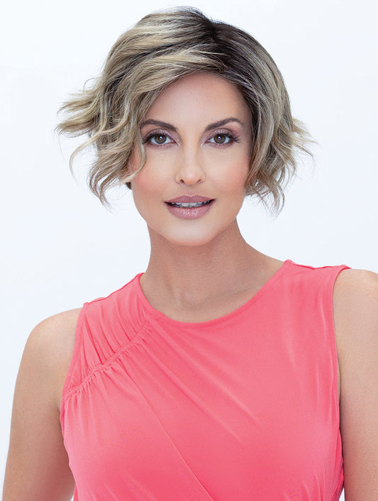 Donna wig by Envy has soft waves with a lace front, mono top shown in colour Golden Sandstone