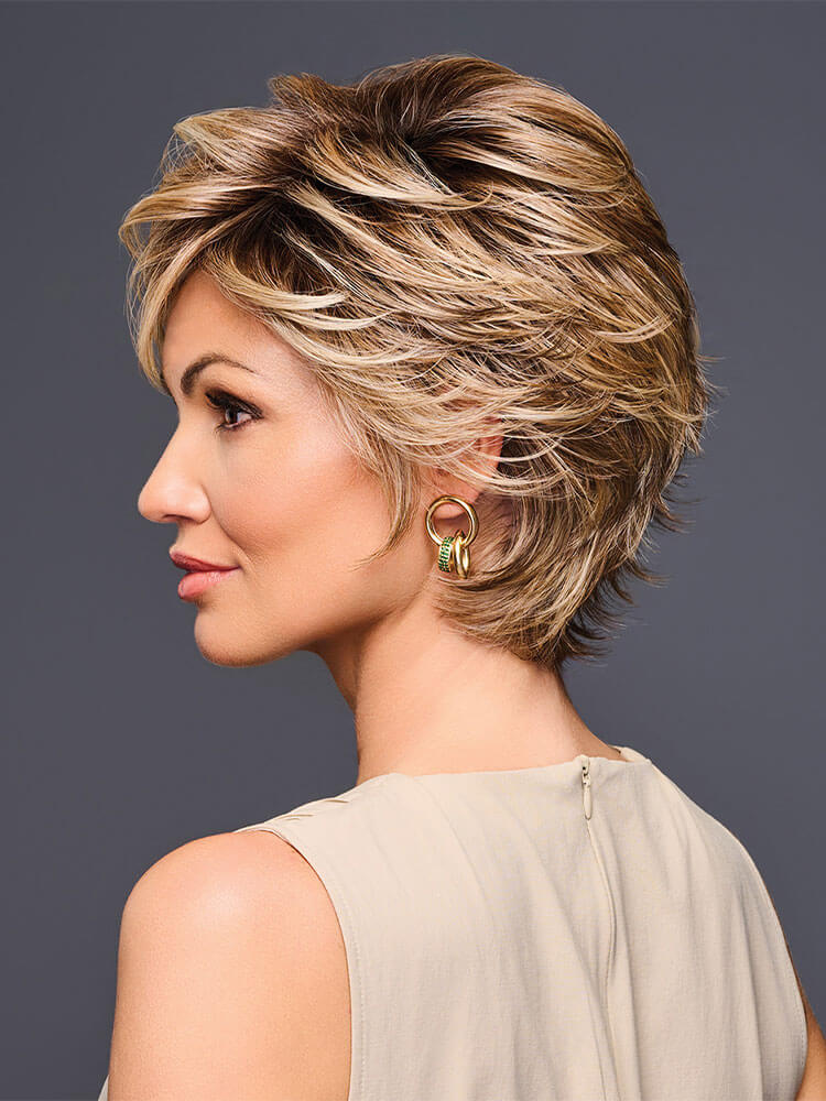 Side view: Edge Factor Gabor wig, short side view, layered synthetic wig, adds volume and movement, SS Cappuccino.