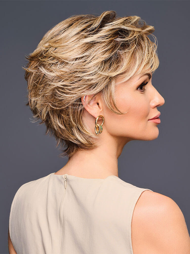 Side view: Edge Factor Gabor wig, short side view, layered synthetic wig, adds volume and movement, Cappuccino colour.