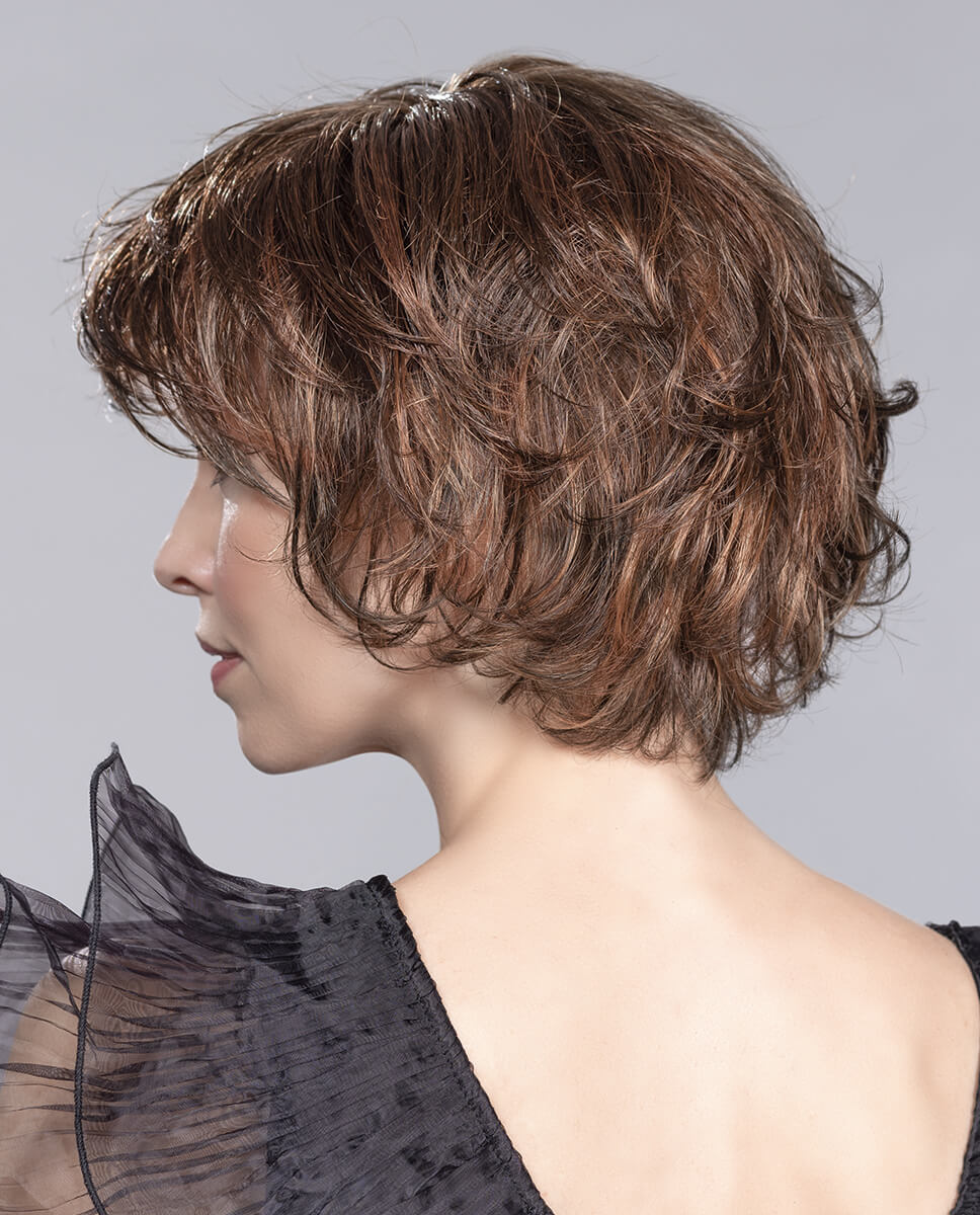 Back view of Flair Mono wig by Ellen Wille in Chocolate Mix, short flicked style with mono top and extended lace front.