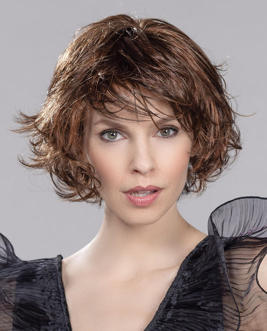 Flair Mono wig by Ellen Wille in Chocolate Mix, short flicked style with mono top and extended lace front for a natural look.