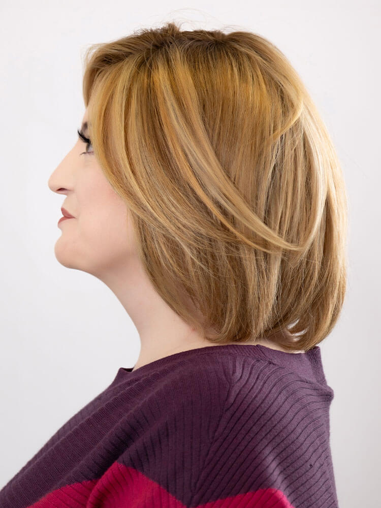 Side Image Hera 8 human hair wig by Dimples. Remy hair with a hand-tied cap. Colour Honey Bun Rooted.