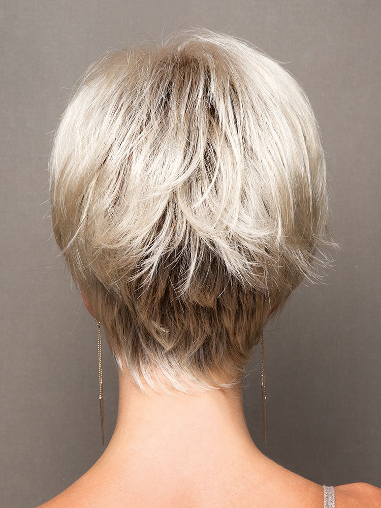 Back view of Ivy wig by Noriko in Champagne R with a rounded bob cut and heavy fringe for a classic look.