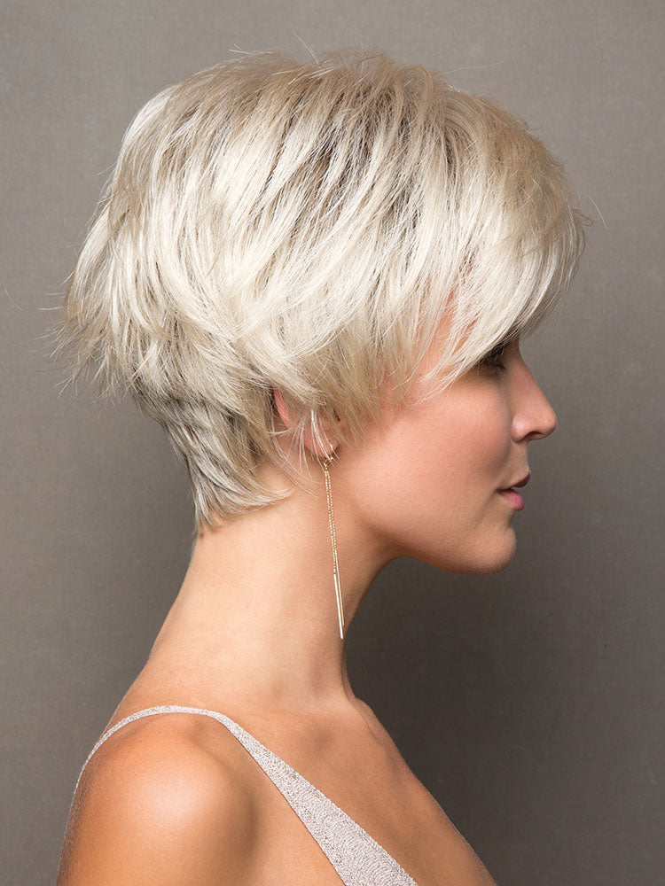 Short, straight Ivy wig by Noriko in Champagne R with a rounded bob cut and heavy fringe for a classic look.