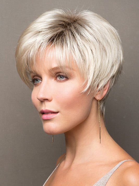 Ivy wig by Noriko in Champagne R, a short synthetic bob with straight layers and a full, rounded fringe.