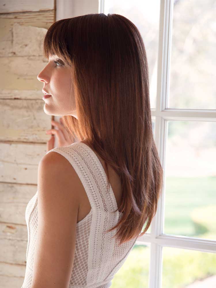 Back view of Madelyn wig by Amore in Crimson-LR with a mono for comfort and a realistic scalp appearance.