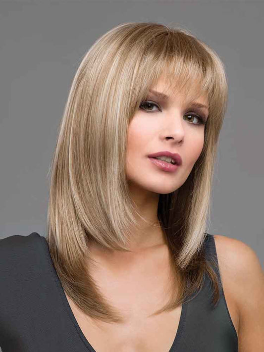 Image of Madison wig by Envy - a shoulder length style with a wispy fringe in colour Dark Blonde.