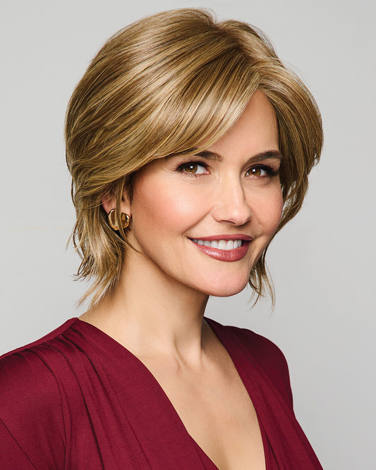 Raquel Welch Main Character wig in Golden Pecan, sleek bob with lace front and monofilament top for a natural, comfy fit.