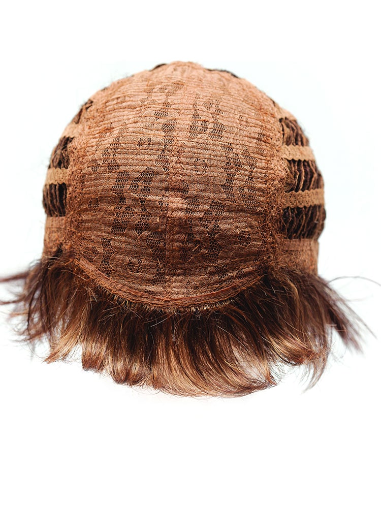 Noriko Mason wig cap with open wefts and two Velcro adjusters at the nape for sizing.