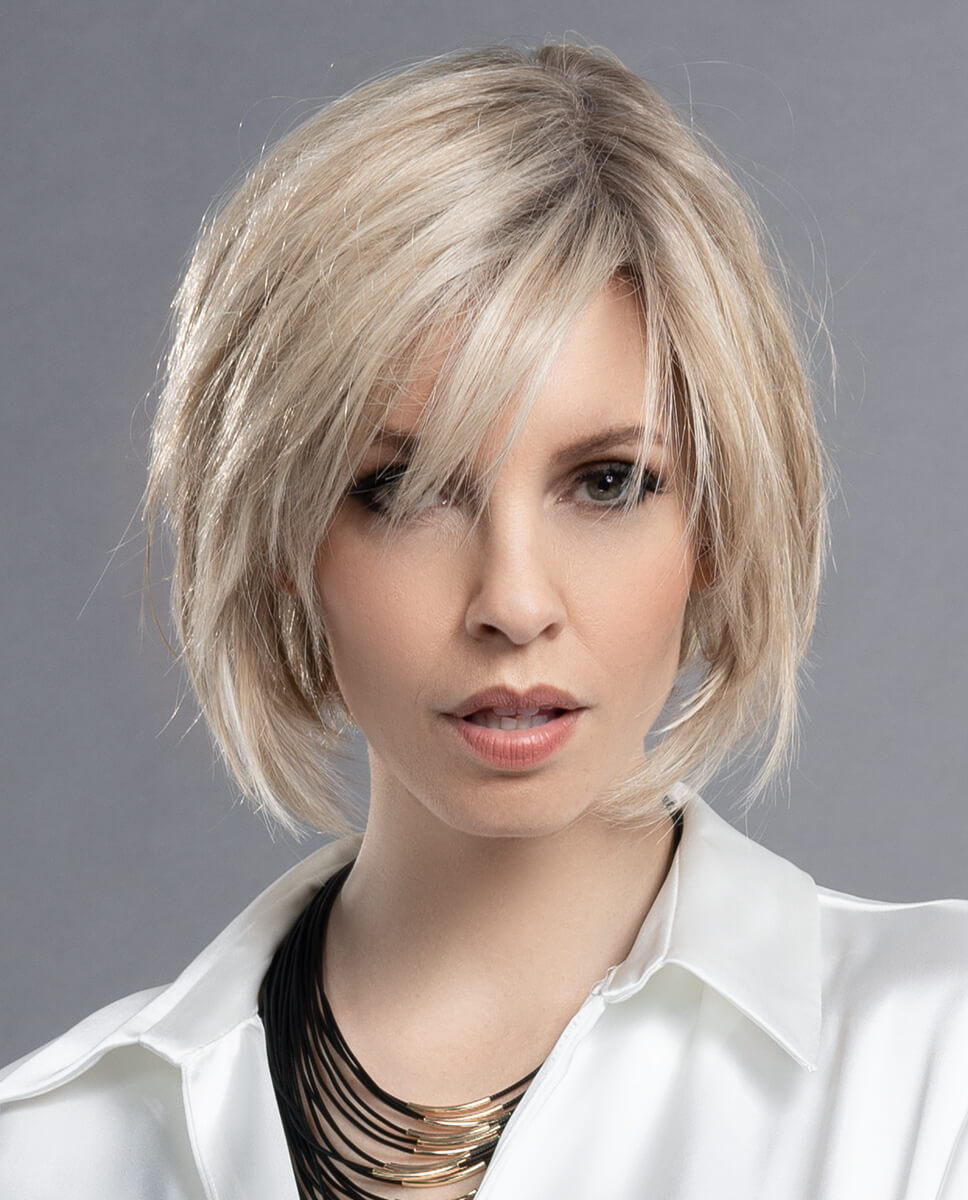 Front view of Mood Deluxe wig by Ellen Wille in Champagne Rooted – heat-friendly bob with lace front and mono top from Prime Power.