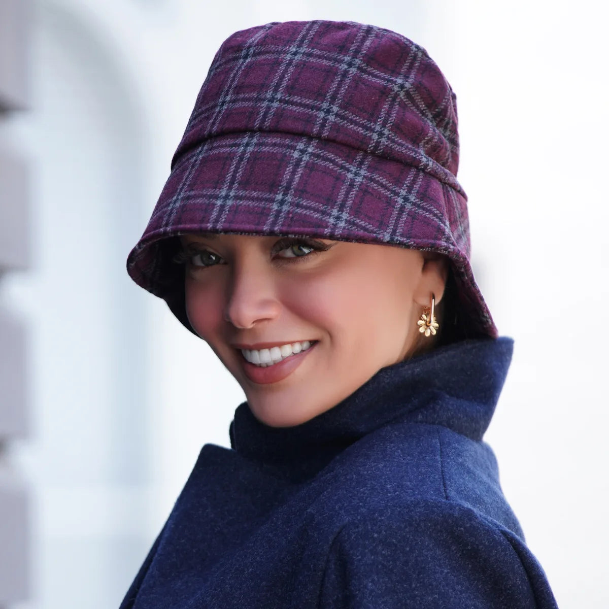 Olivia Hat by Masumi features soft bamboo lining and wool exterior in colour Deep Plaid Burgundy.