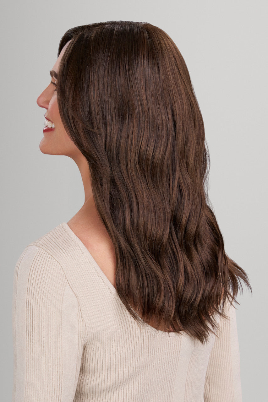 Back view of Olivia wig by Jon Renau with long, beachy waves, mono top and lace front. Colour Cocoa Bean.