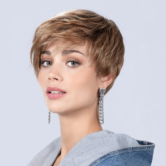 Side view of the Point wig from Ellen Wille Perucci Collection, asymmetrical bob in Light Bernstein Rooted.
