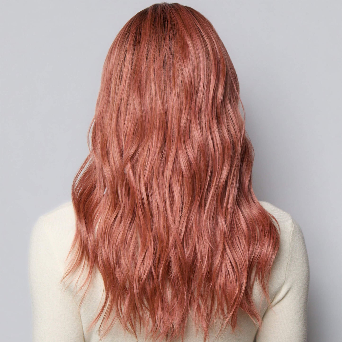 Back profile long wavy heat resistant synthetic wig with fringe in Dusty Rose-R colour