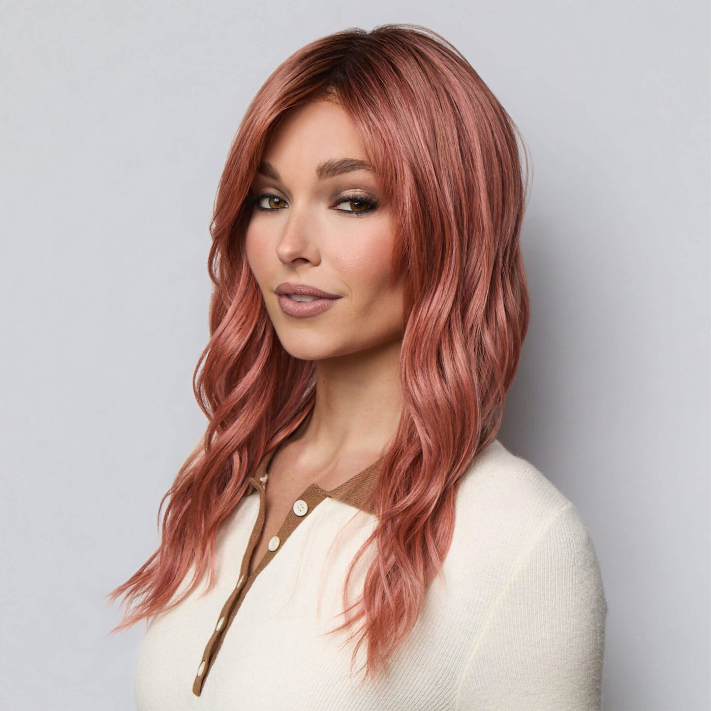 Long wavy heat resistant synthetic wig with fringe and natural lace front in Dusty Rose-R colour
