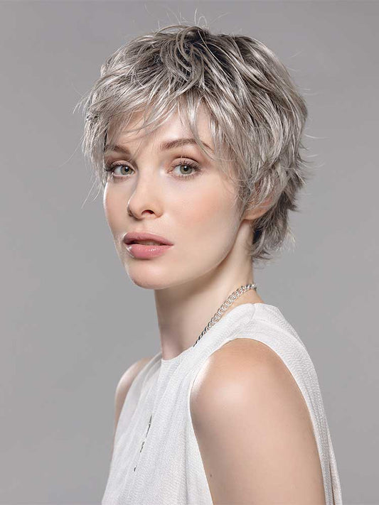 Sarria Mono wig by Ellen Wille in Stone Grey Rooted with lace front, mono top, and soft breathable cap for sensitive scalps.