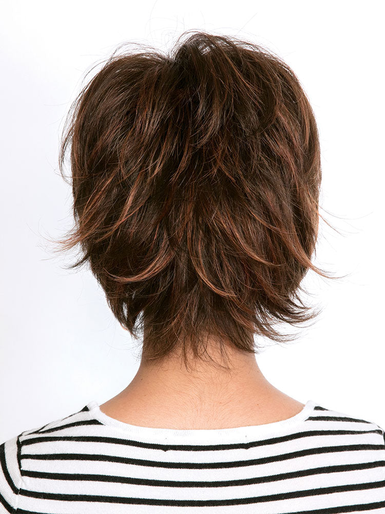 Back view of the Sky wig by Noriko in colour Ginger H which is a wispy voluminous bob with soft, feathery layers.