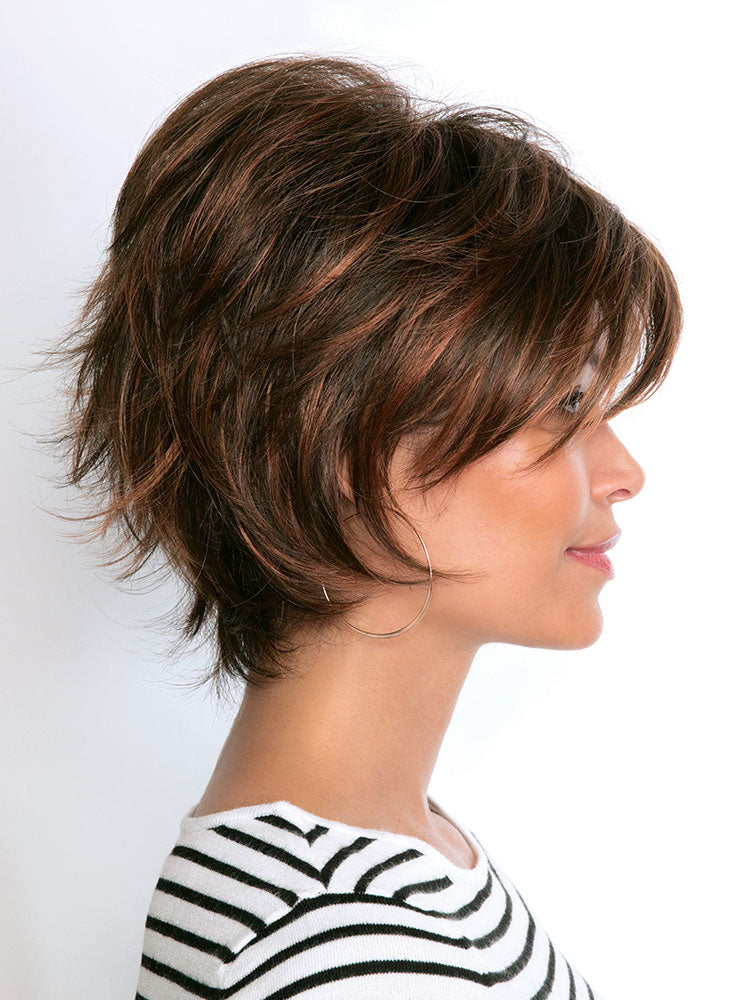 Side view of the Sky wig by Noriko in colour Ginger H which is a wispy voluminous bob with soft, feathery layers.