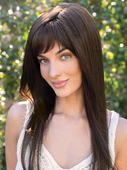 The Stevie wig by Amore in colour Cappuccino has long flowing layers and monofilament top cap.