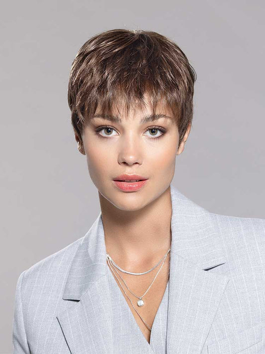 The Strada Petite wig by Ellen Wille shown in Chocolate Mix is a short, style with a lace front.