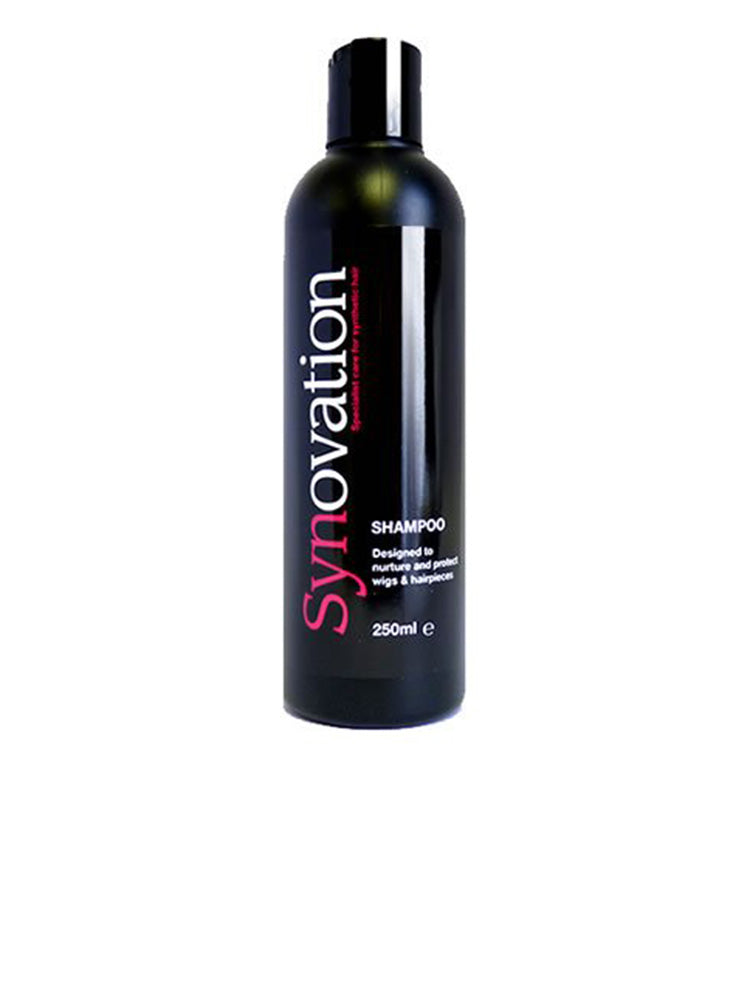 A bottle of Synovation Shampoo by Natural Image with a black label and white and pink text.