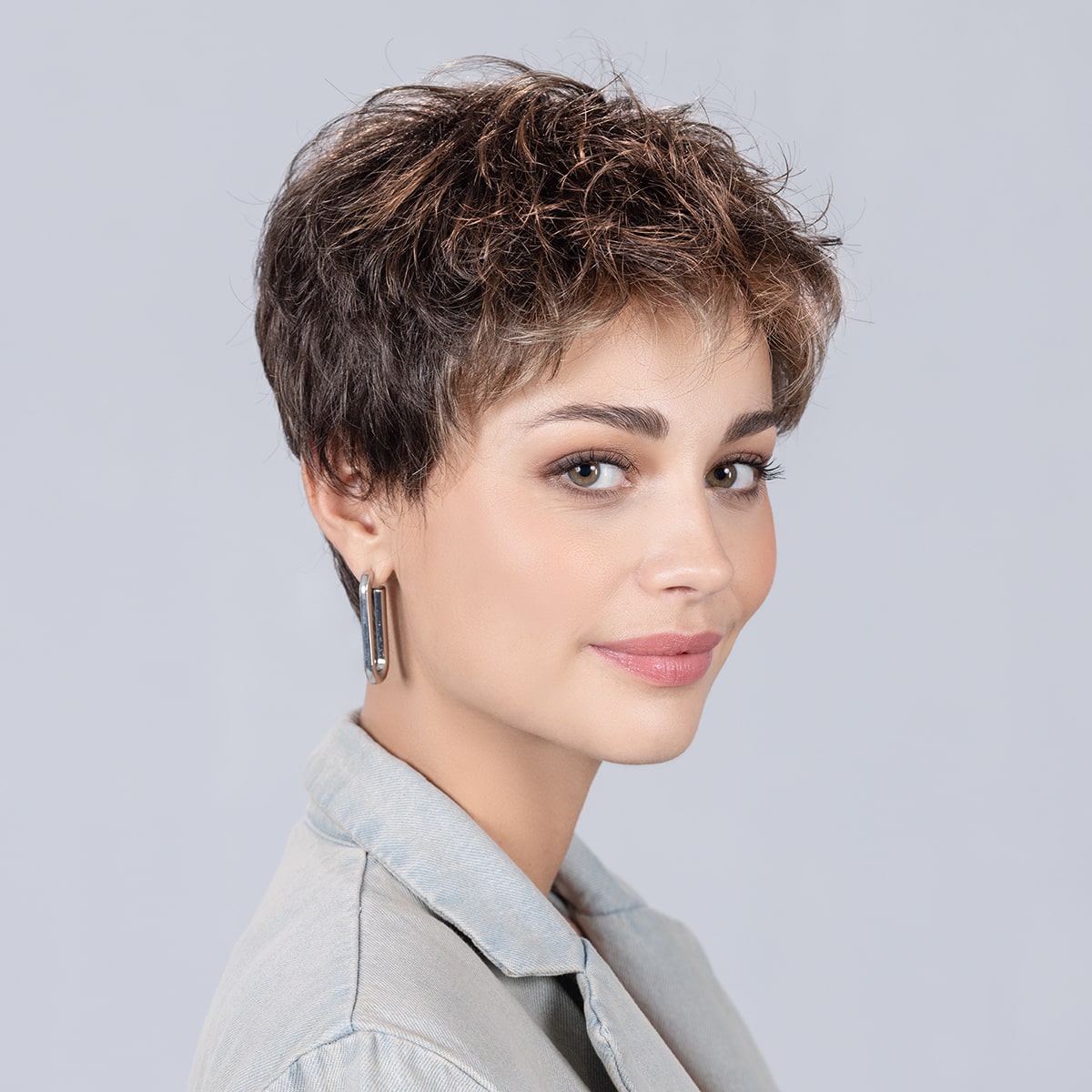 Front view of Tab wig by Ellen Wille Perucci Collection, a short style shown in Coffee Brown Lighted.
