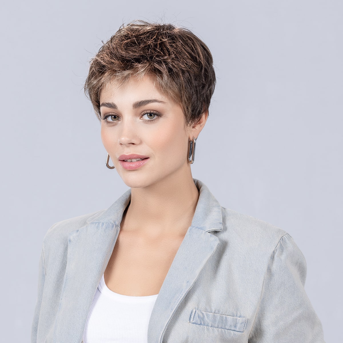 Front view of Tab wig by Ellen Wille Perucci Collection, a short style shown in Coffee Brown Lighted.