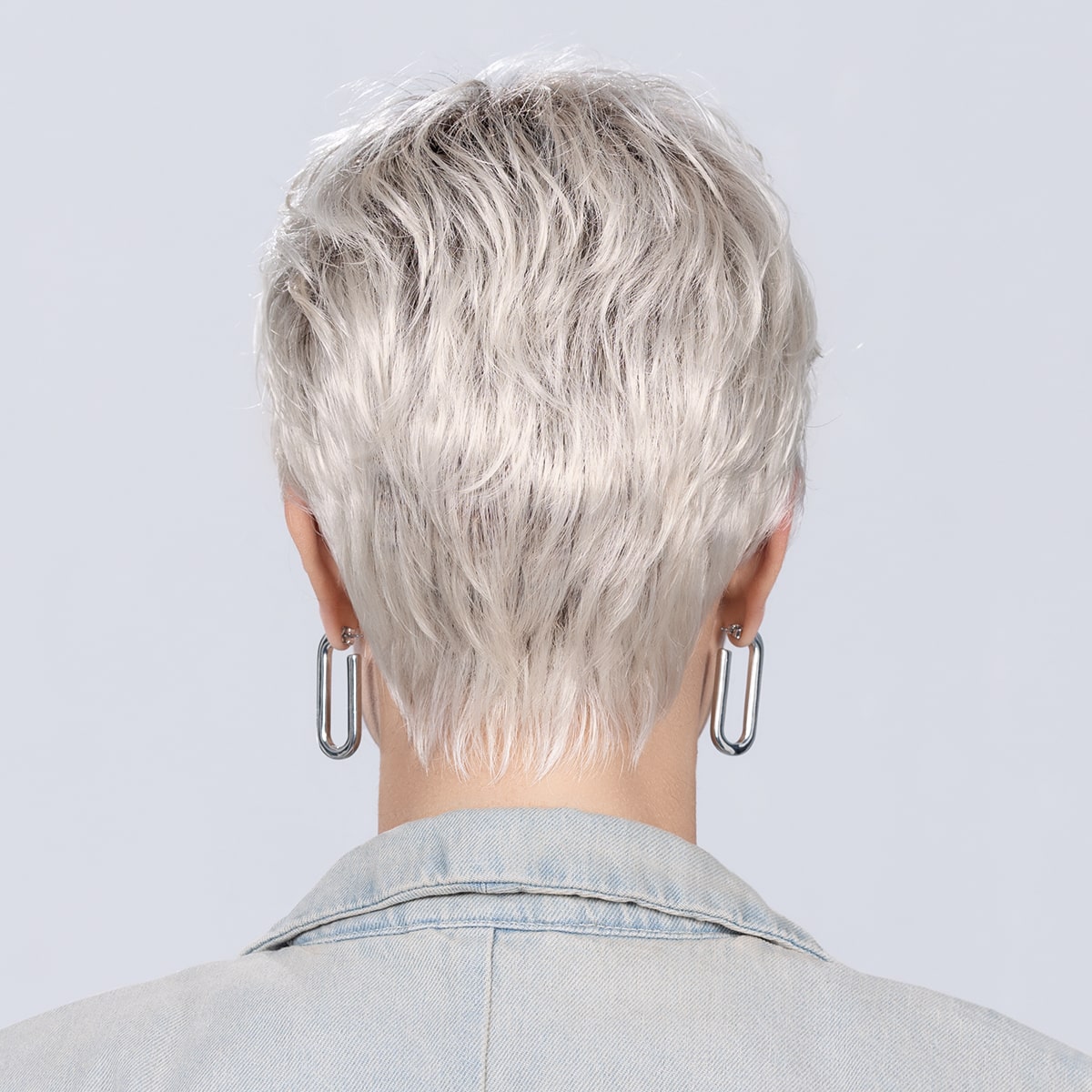 Back view of Tab wig by Ellen Wille Perucci Collection, a short style shown in Platinum Blonde Rooted.