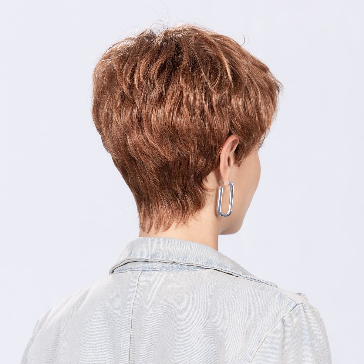 Back view of Tab wig by Ellen Wille Perucci Collection, a short style shown in Platinum Blonde Rooted.