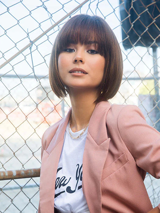 René of Paris Tori wig – angled bob with blunt fringe, synthetic fibre in colour Toasted Brown.