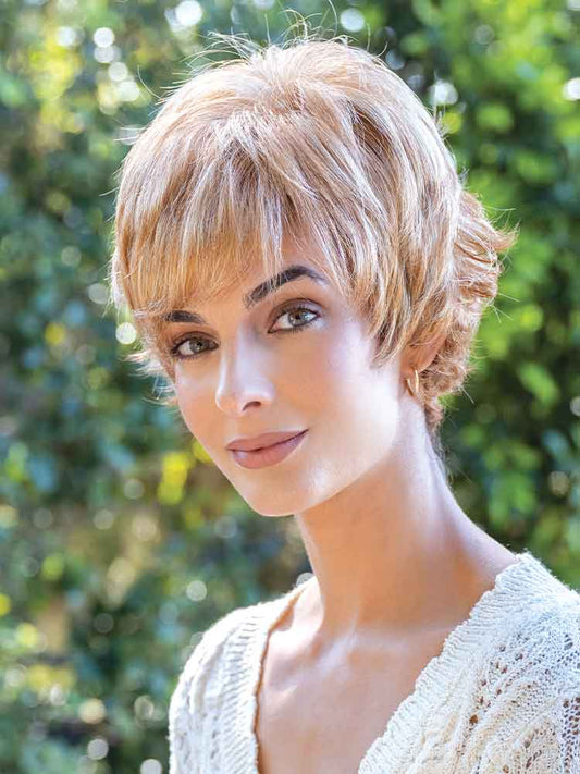 Tova wig by Amore – short, textured pixie cut with wispy layers and double monofilament top for comfort and a natural scalp look.