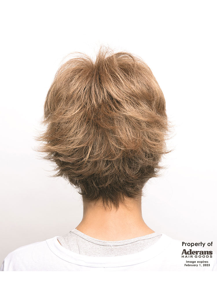 Back view of Tova wig by Amore in Marble Brown – short, textured pixie cut with wispy layers and double mono top.