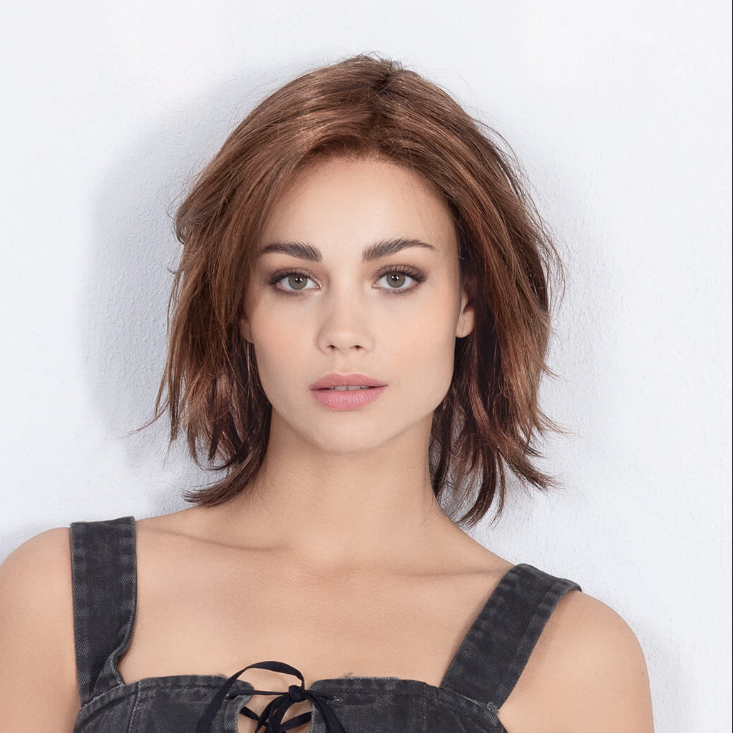 Front view of United Mono Part wig by Ellen Wille in Hot Chocolate Mix – a layered bob with mono part from Perucci Collection.