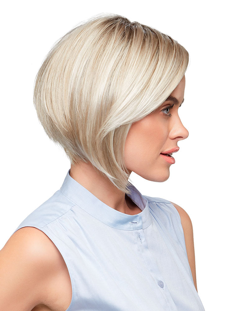 Side view of Victoria wig by Jon Renau – a bob with lace front, mono top and 100% hand-tied cap in colour Palm Springs Blonde.