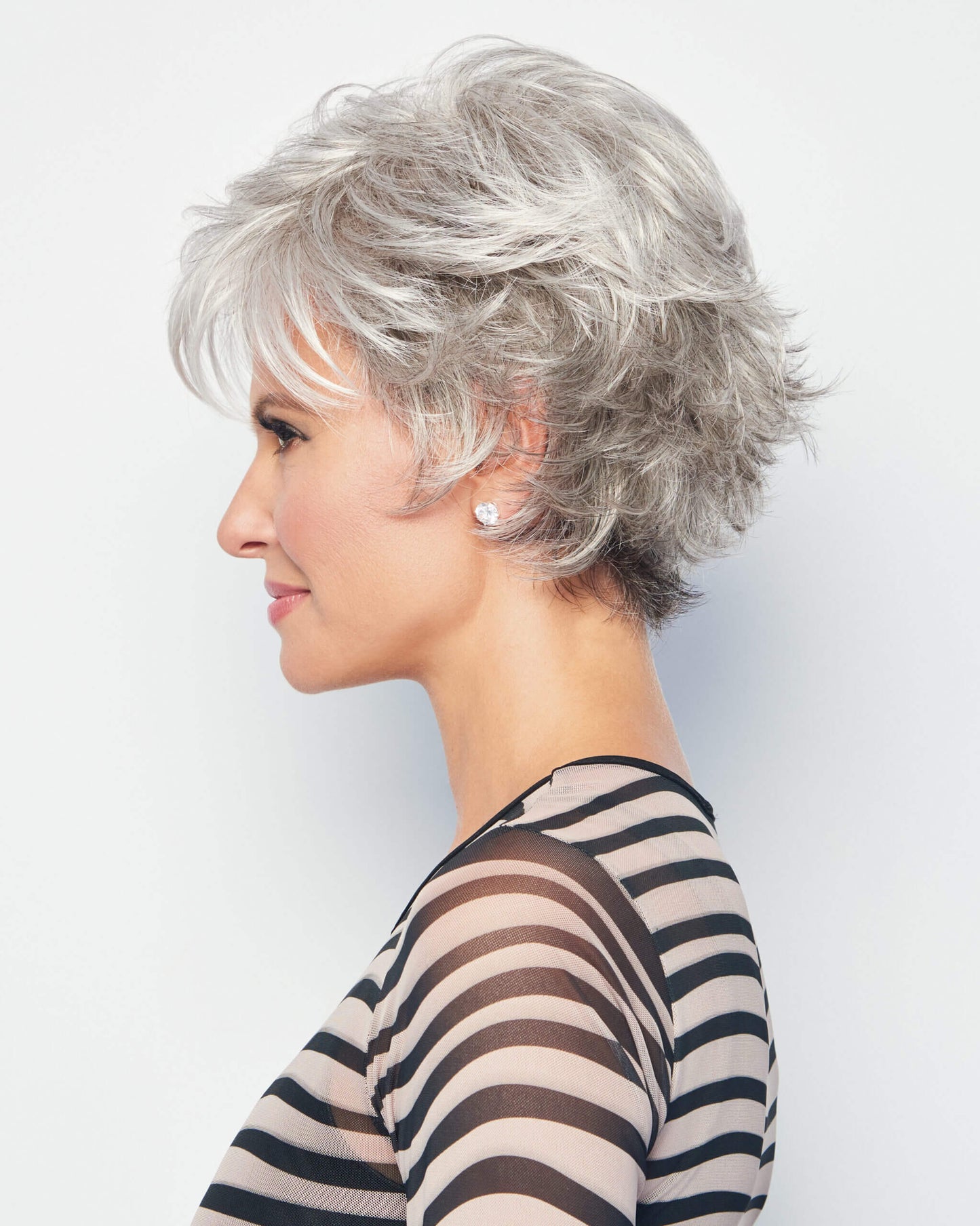 Side view of Voltage wig by Raquel Welch – short, synthetic wig with feathered layers in colour Iced Granita.