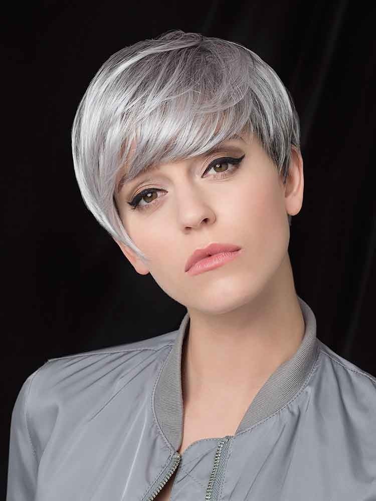 Erin wig by Gisela Mayer - a short style with a sweeping fringe in Light Salt and Pepper Grey.